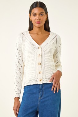 Roman Ivory Scallop V-Neck Knit Cardigan