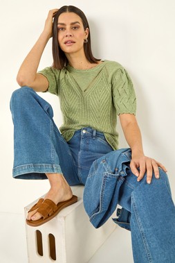 Roman Khaki Scallop Puff Sleeve Knit Top
