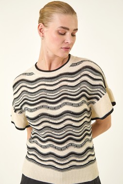 Roman Stripe Wave Frill Knit Top