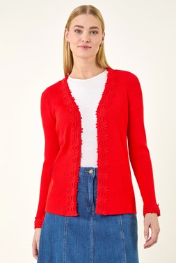 Roman Red Floral Lace Trim Knit Cardigan