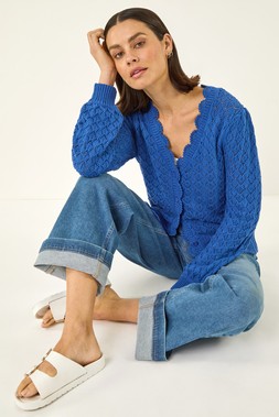 Roman Blue Pointelle Button Knit Cardigan