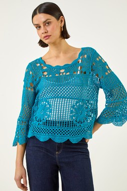 Roman Teal Crochet Knit Flared Sleeve Top
