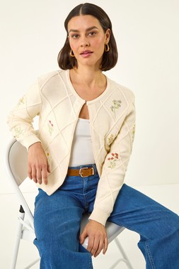 Roman Ivory Floral Embroidered Knit Cardigan