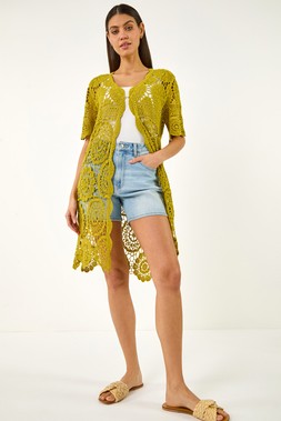 Roman Olive Crochet Longline Knit Cardigan