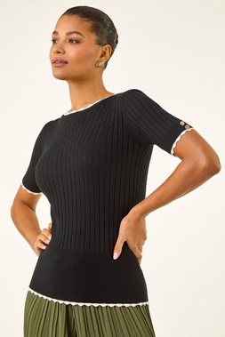 Roman Button Detail Ribbed Knit Top