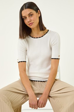Roman Button Detail Ribbed Knit Top