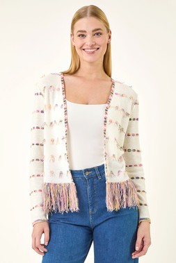 Roman Ivory Fringe Light Knit Cardigan