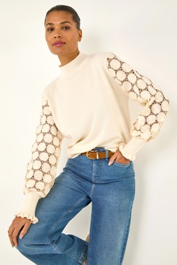 Roman Ivory Crochet Ruffle Sleeve Knit Jumper