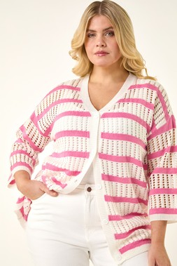 Roman Curve Pink Stripe Crochet Knit Cardigan