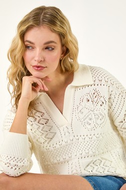 Dusk Ivory Openwork Collared Knit Jumper