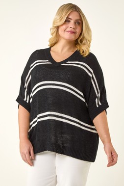 Roman Curve Black Stripe V-Neck Knit Jumper