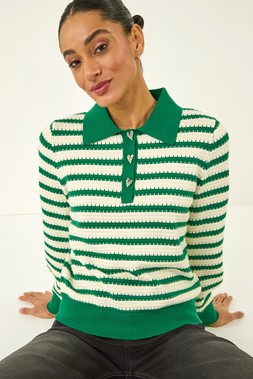 Dusk Green Stripe Collared Knitted Jumper