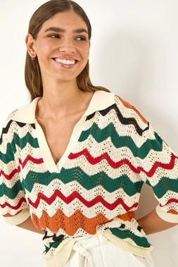 Roman Ivory Collar Wave Stripe Knit Top