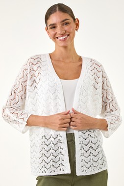 Roman White Wave Stitch Detail Knit Cardigan