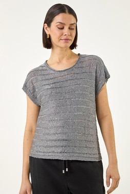 Roman Dark Grey Sequin Stripe Knitted Top