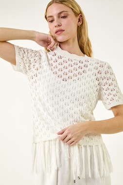 Roman White Tassel Trim Scallop Knit Top