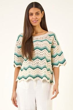 Roman Ivory Crochet Wave Knitted Top