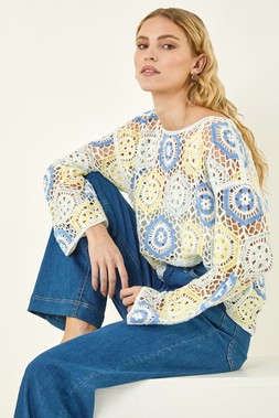 Roman Light Blue Floral Crochet Knit Top