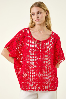 Roman Red Floral Crochet Knit Top