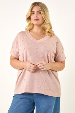 Roman Curve Pink Faux Pearl Embellished Knit Top