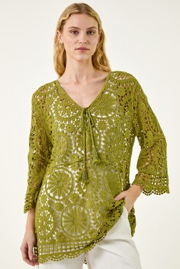 Roman Khaki Floral Crochet Tunic Top