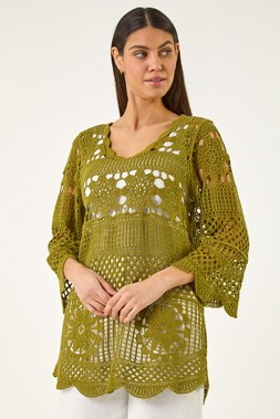 Roman Khaki Floral Crochet Tunic Top