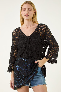 Roman Black Crochet Tie Front Knit Tunic