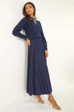 Roman Navy Pleated Elastic Waist Maxi Stretch Skirt