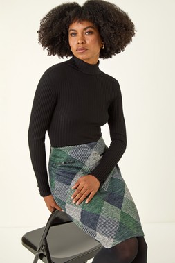 Roman Green Check Print Pocket Stretch A line Skirt
