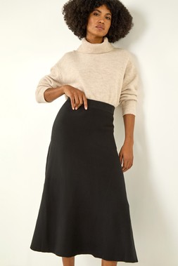 Roman Black Plain Elastic Waist Knitted A Line Midi Skirt