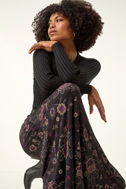 Roman Black Floral Print Midi Elastic Waist Stretch Skirt