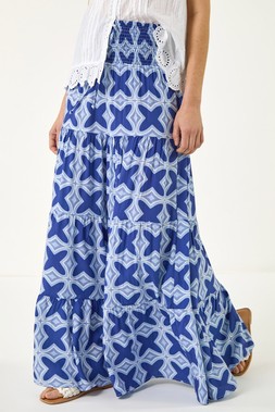 Roman Tile Print Shirred Maxi Skirt