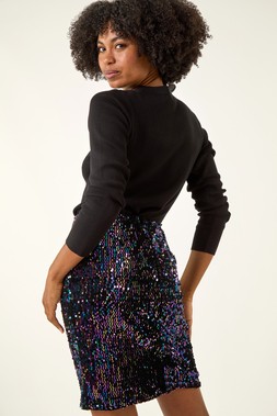 Roman Midnight Blue Sequin Embellished Velour Stretch Skirt