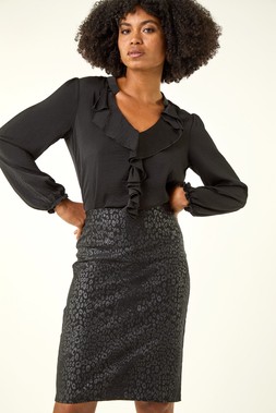 Roman Black Animal Print Elastic Waist Pencil Skirt