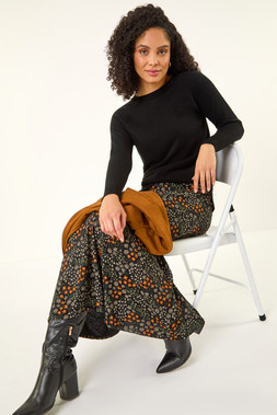 Roman Orange Ditsy Floral Print Stretch Midi Skirt