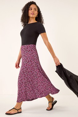Roman Pink Ditsy Floral Print Stretch Midi Skirt