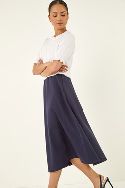Petite Navy Ponte Stretch Midi Skirt