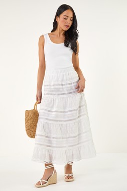 Roman White Petite Lace Trim Maxi Skirt