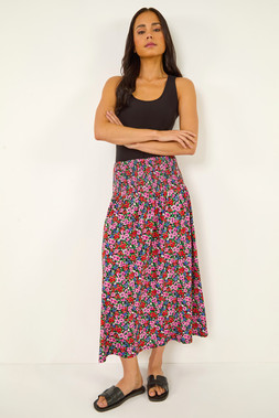 Petite Floral Print Shirred Midi Skirt