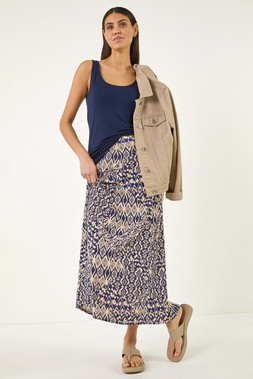 Roman Navy Abstract Print Midi Skirt