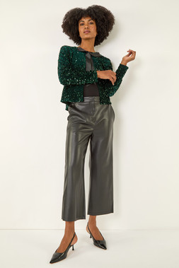 Roman Black Faux Leather Wide Leg Crop Trousers