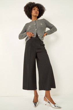 Roman Black Elastic Waist Wide Leg Cropped Culottes