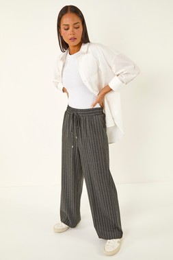Roman Petite Grey Stripe Wide Leg Stretch Trouser