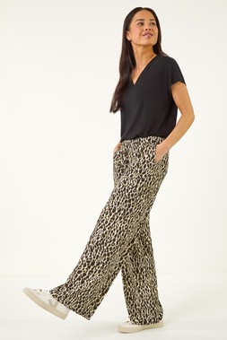 Roman Petite Khaki Animal Wide Leg Trouser