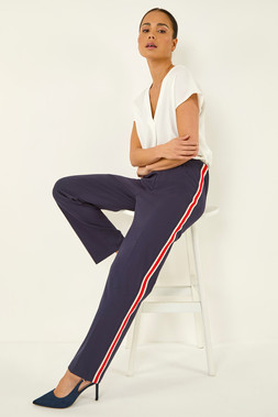 Roman Petite Navy Side Stripe Stretch Trouser