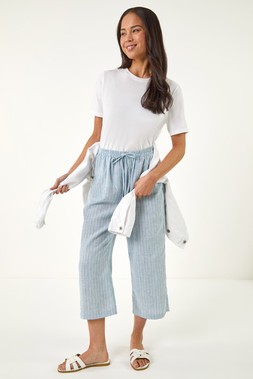 Roman Petite Blue Stripe Cropped Wide Leg Trouser