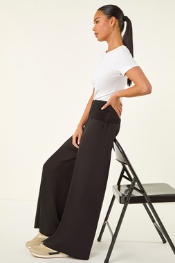 Roman petite Black Shirred Wide Leg Stretch Trouser