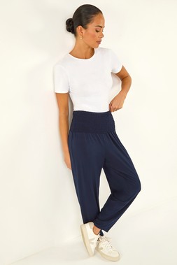 Roman Petite Navy Shirred Straight Leg Stretch Trouser