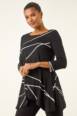 Roman Black Linear Print Hanky Hem Top