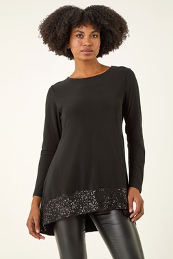 Roman Black Sequin Hem Stretch Tunic Top
